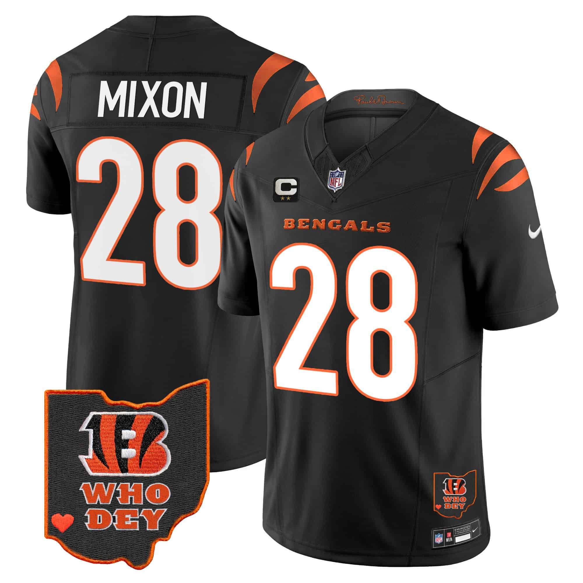 Men Cincinnati Bengals #28 Mixon Black 2024 Nike Patch Vapor Limited NFL Jersey style 1